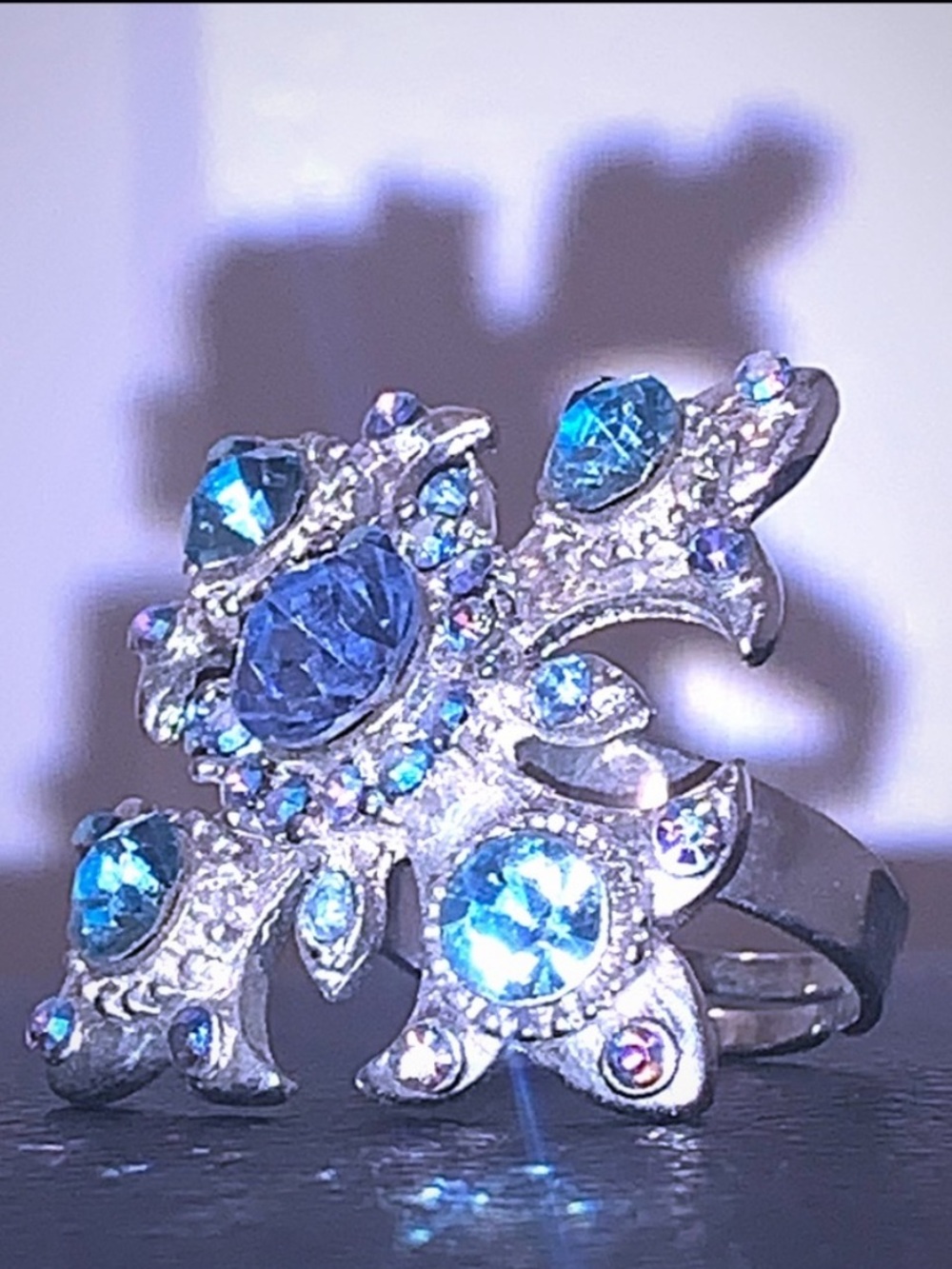 Y2K Hot Topic Blue & Silver Large Diamond Ring Metallic Sparkly Punk Bling Shine